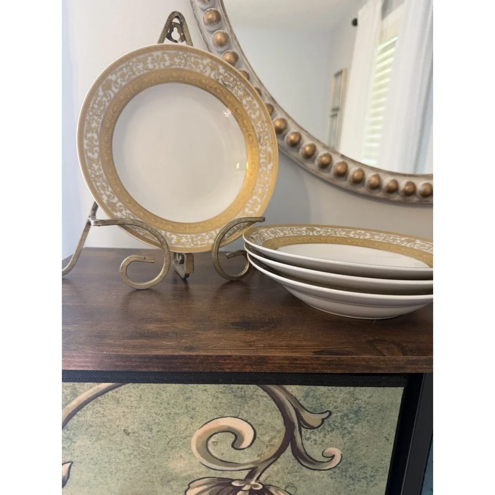 Vintage GNA 9 Fine Porcelain Rim Soup Bowls Set of 4 Gold Encrusted Gold Trim 8